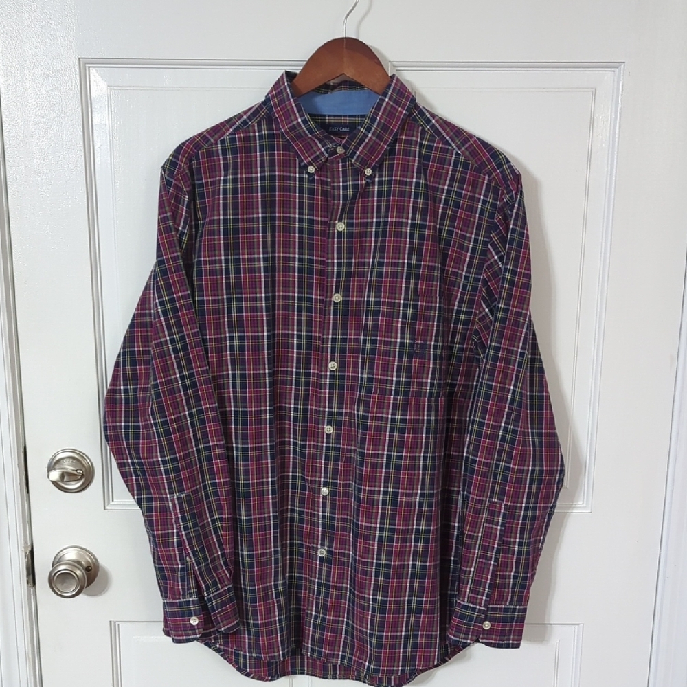 Chaps Red and Blue Casual Button Down Shirt with Plaid Design